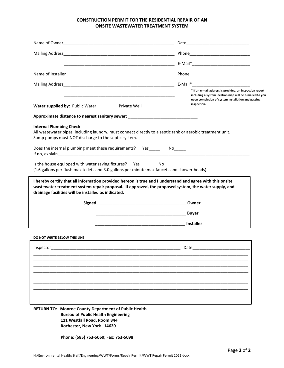 Construction Permit for the Residential Repair of an Onsite Wastewater Treatment System - Monroe County, New York, Page 2