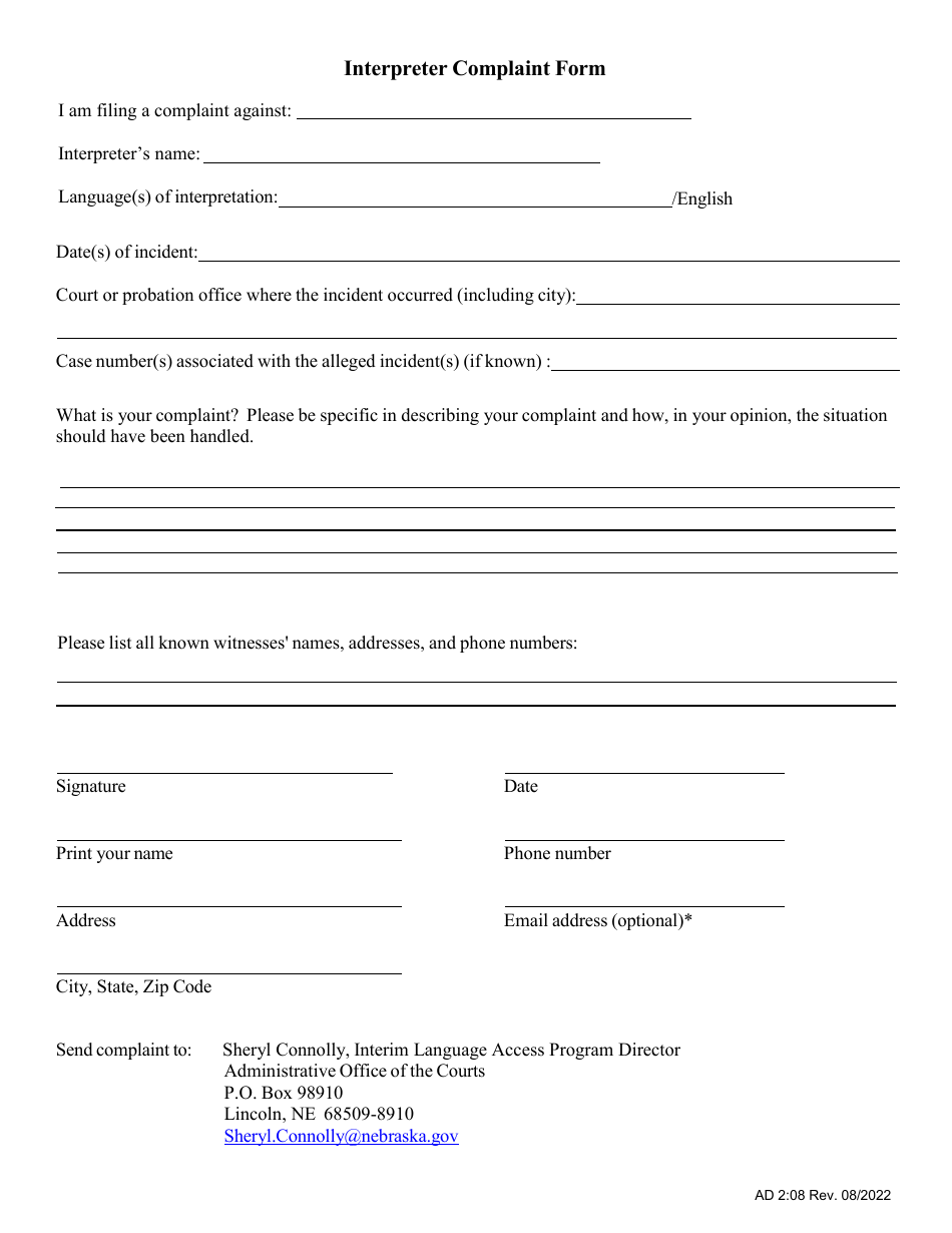 Form AD2:08 Interpreter Complaint Form - Nebraska, Page 2