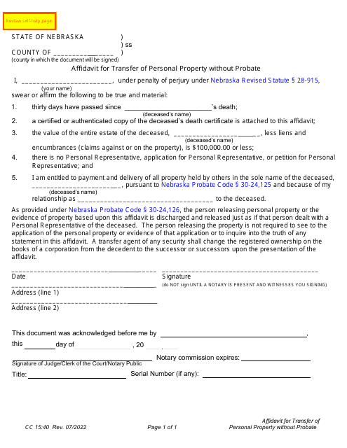 Form CC15:40 Affidavit for Transfer of Personal Property Without Probate - Nebraska