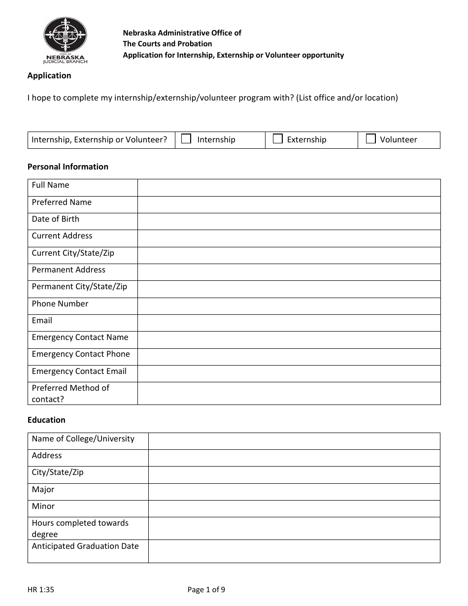 Form HR1:35 Application for Internship, Externship or Volunteer Opportunity - Nebraska, Page 1