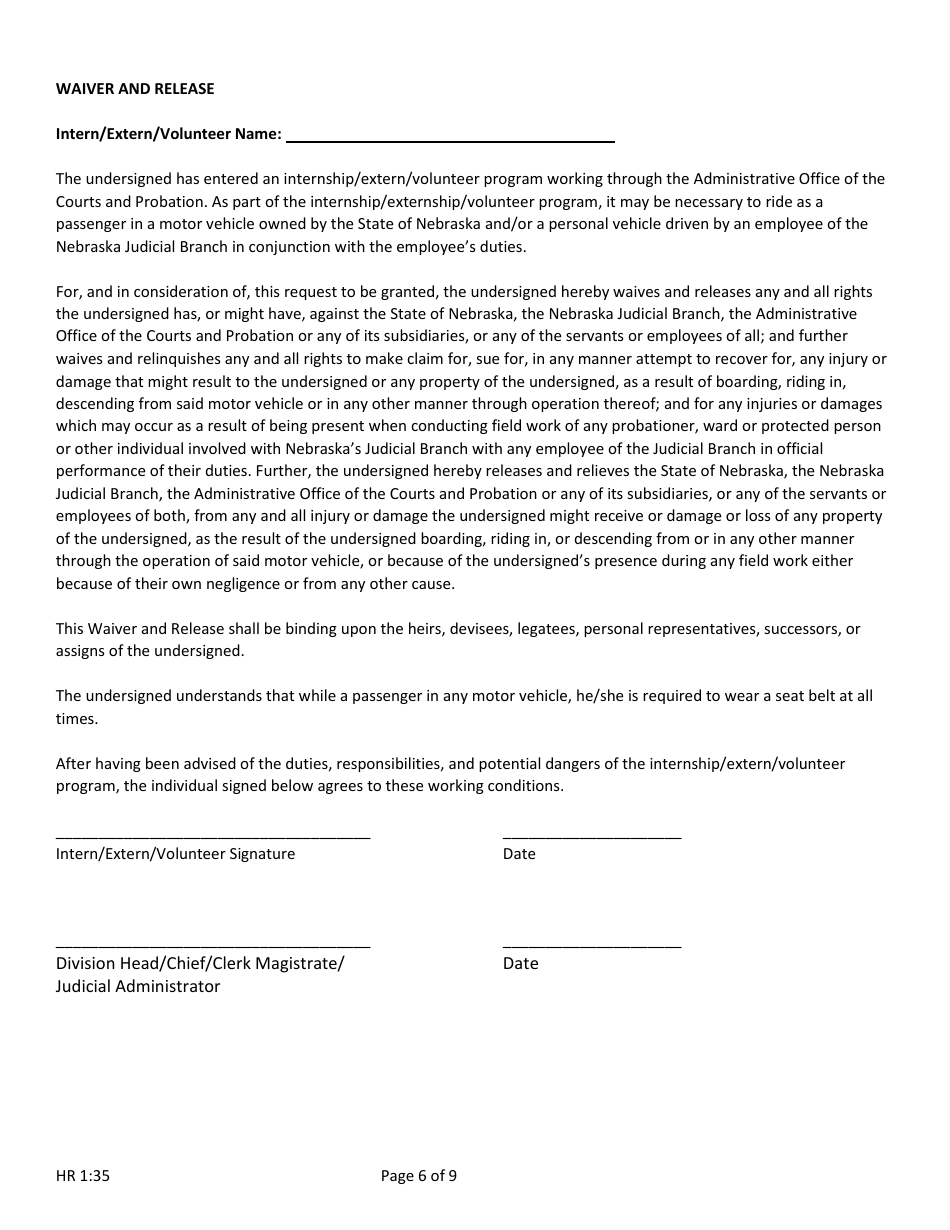 Form HR1:35 Application for Internship, Externship or Volunteer Opportunity - Nebraska, Page 6