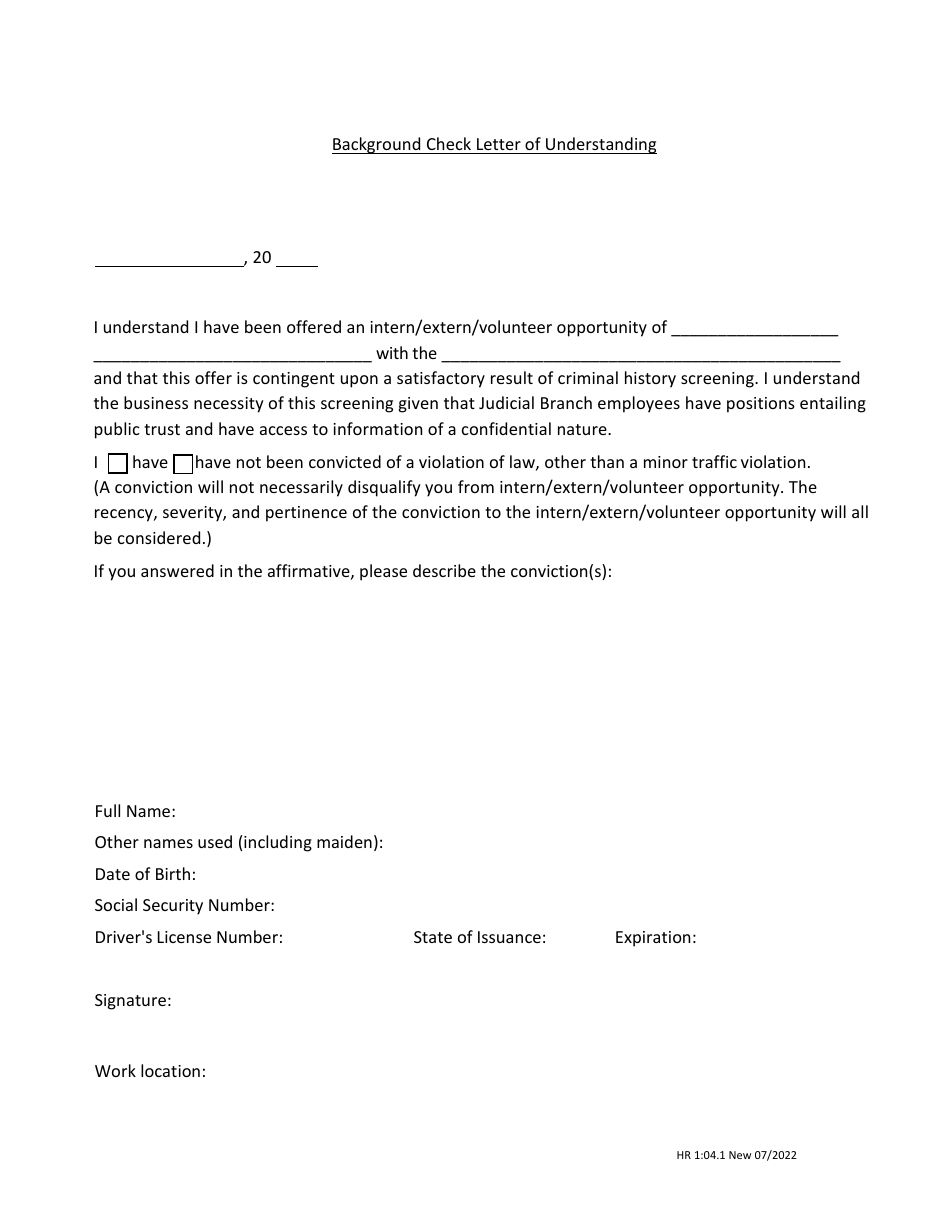 Form HR1:04.1 Background Check Letter of Understanding - Nebraska, Page 1