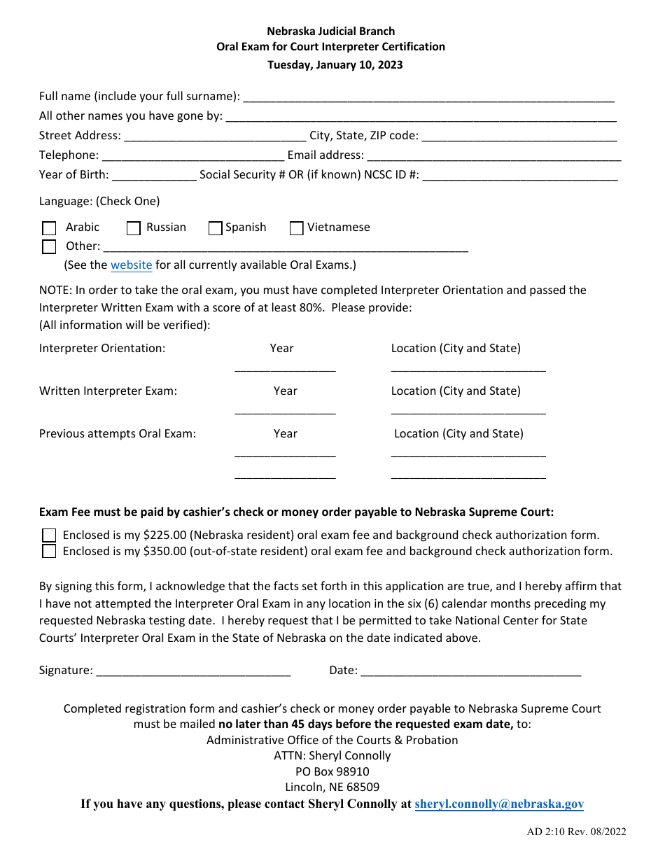 Form AD2:10 Oral Exam for Court Interpreter Certification - Nebraska, Page 1