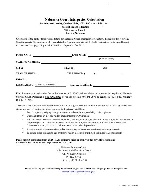 Form AD2:09 Nebraska Court Interpreter Orientation - Nebraska, 2022