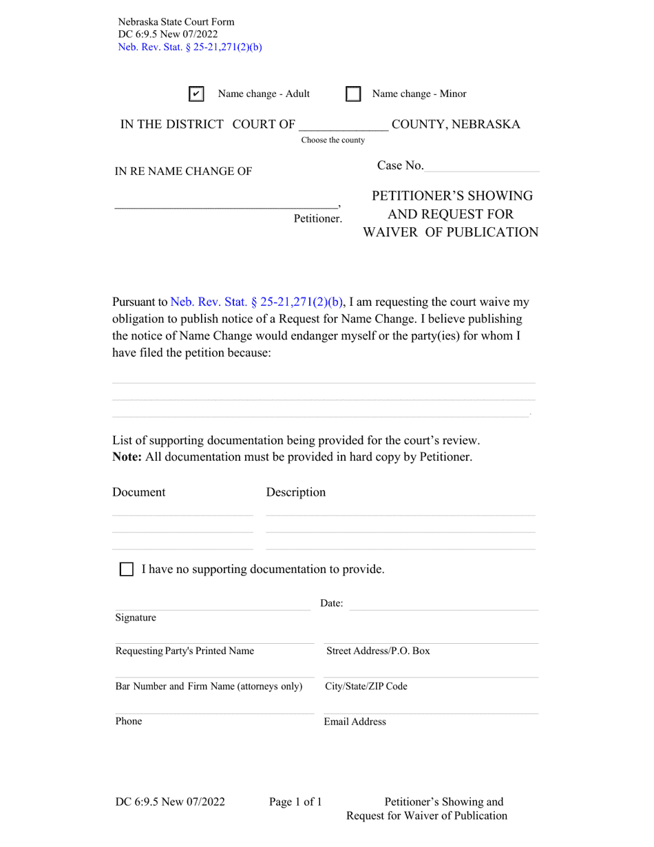Form DC6:9.5 Name Change, Petitioner's Showing and Request for Waiver of Publication - Nebraska, Page 1