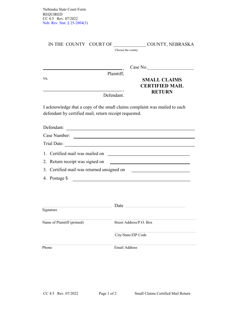 Form CC4:5 Small Claims Certified Mail Instruction and Return - Nebraska, Page 1