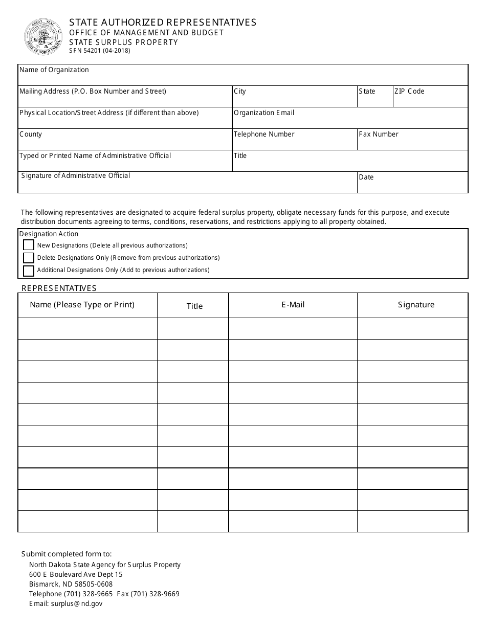 Form SFN54201 State Authorized Representatives - North Dakota, Page 1