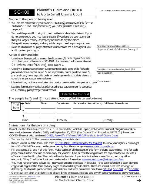 Form SC-100 Plaintiff's Claim and Order to Go to Small Claims Court - California