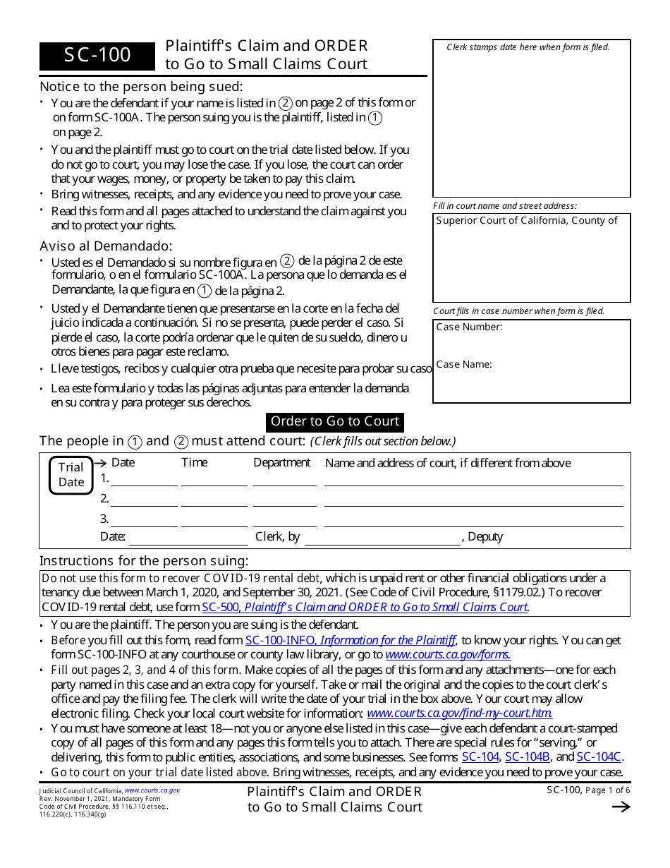 Form SC-100 Plaintiffs Claim and Order to Go to Small Claims Court - California, Page 1