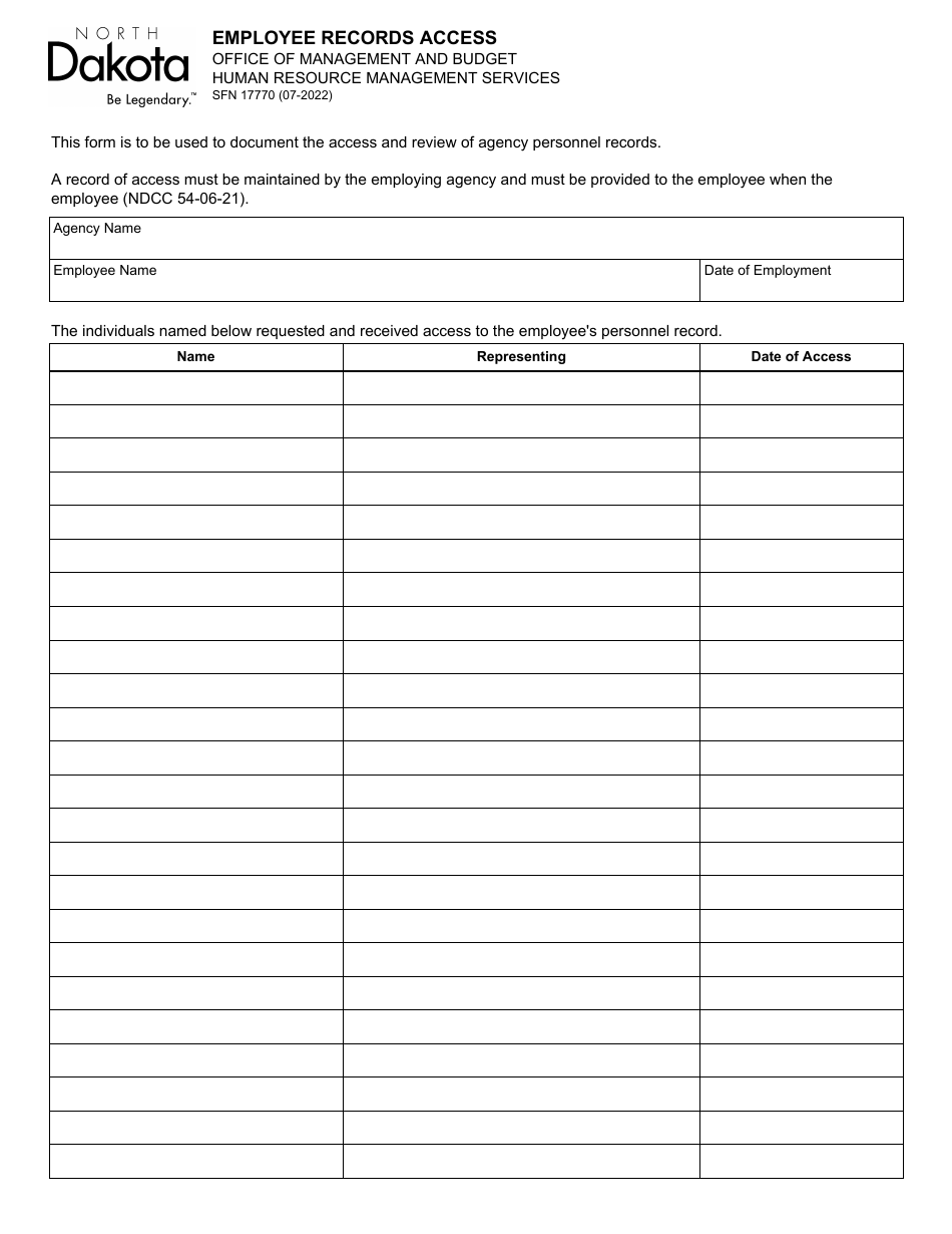 Form SFN17770 Employee Records Access - North Dakota, Page 1