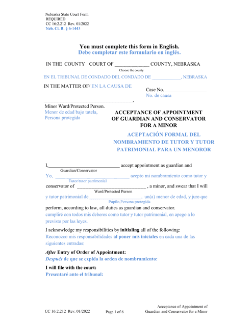 Document preview: Form CC16:2.212 Acceptance of Appointment of Guardian and Conservator for a Minor - Nebraska (English/Spanish)
