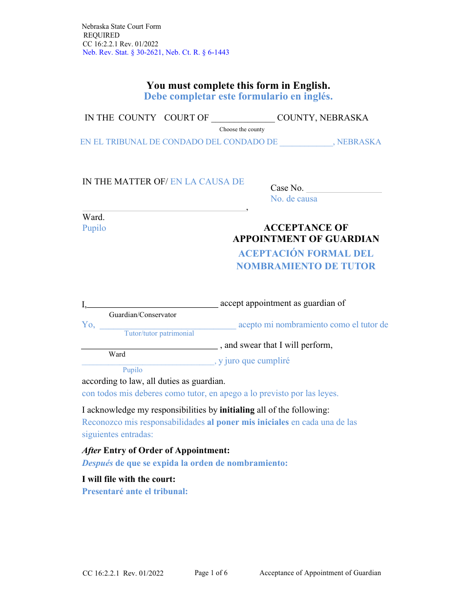 Form CC16:2.2.1 Acceptance of Appointment of Guardian - Nebraska (English / Spanish), Page 1