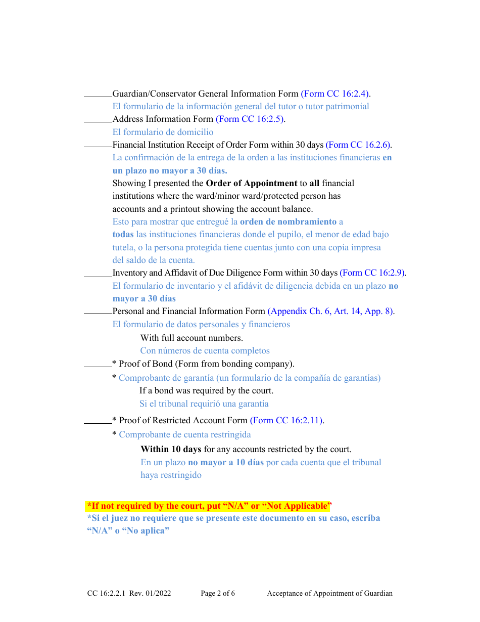 Form CC16:2.2.1 Acceptance of Appointment of Guardian - Nebraska (English / Spanish), Page 2
