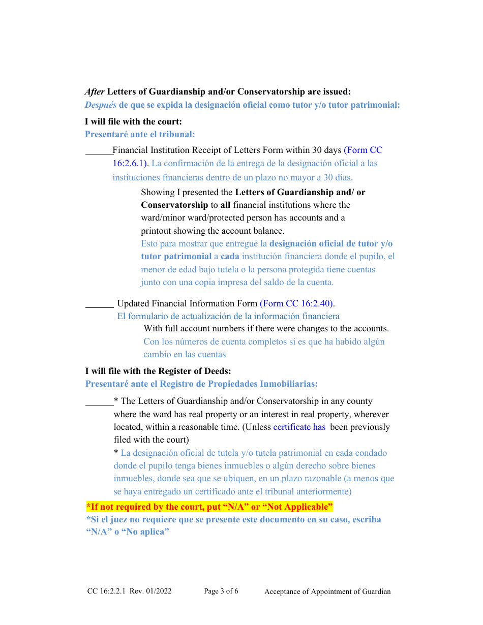 Form CC16:2.2.1 Acceptance of Appointment of Guardian - Nebraska (English / Spanish), Page 3