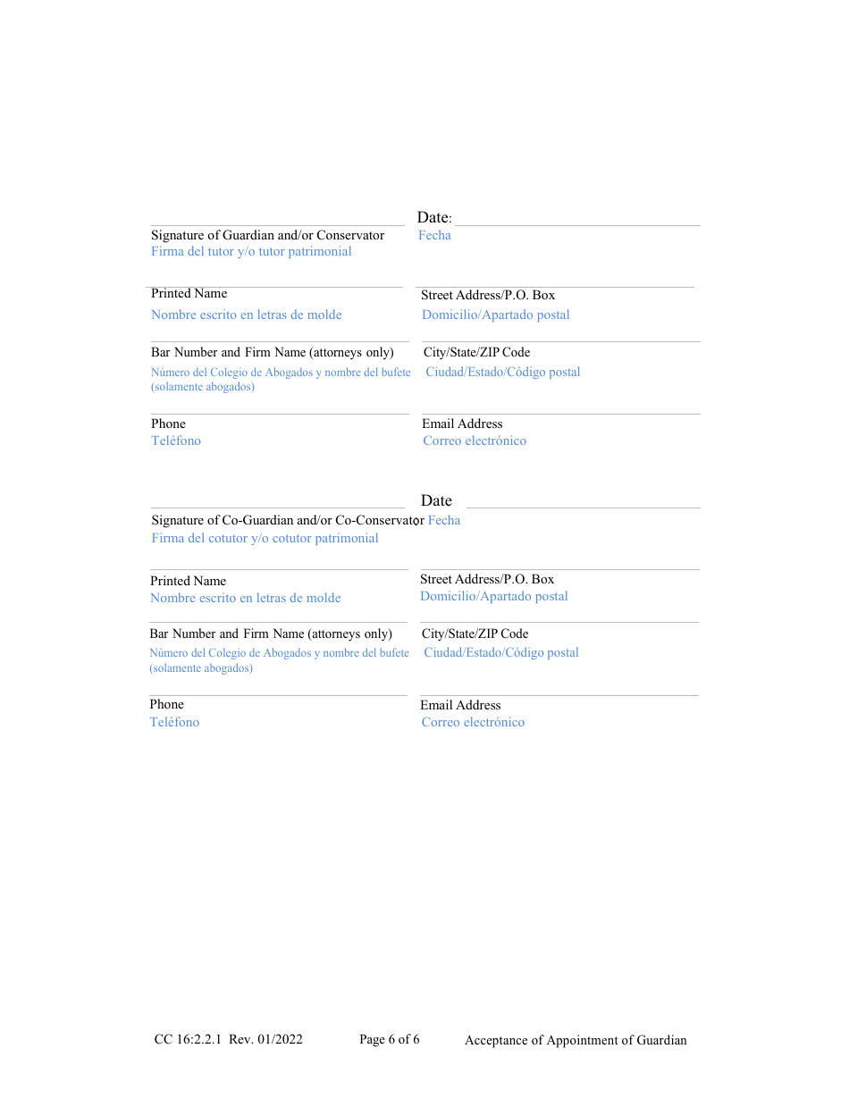 Form CC16:2.2.1 Acceptance of Appointment of Guardian - Nebraska (English / Spanish), Page 6