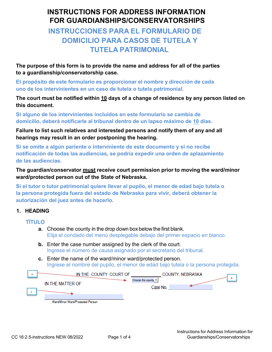 Instructions for Form CC16:2.5 Address Information for Guardianships / Conservatorships - Nebraska (English / Spanish), Page 1