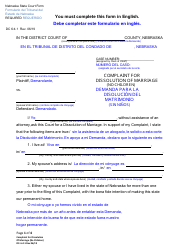 Document preview: Form DC6:4.1 Complaint for Dissolution of Marriage (No Children) - Nebraska (English/Spanish)