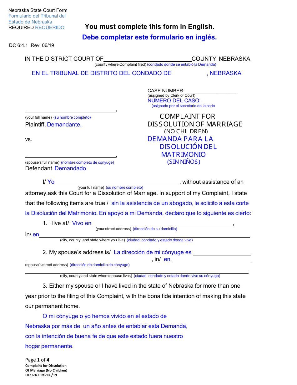 Form DC6:4.1 Complaint for Dissolution of Marriage (No Children) - Nebraska (English / Spanish), Page 1