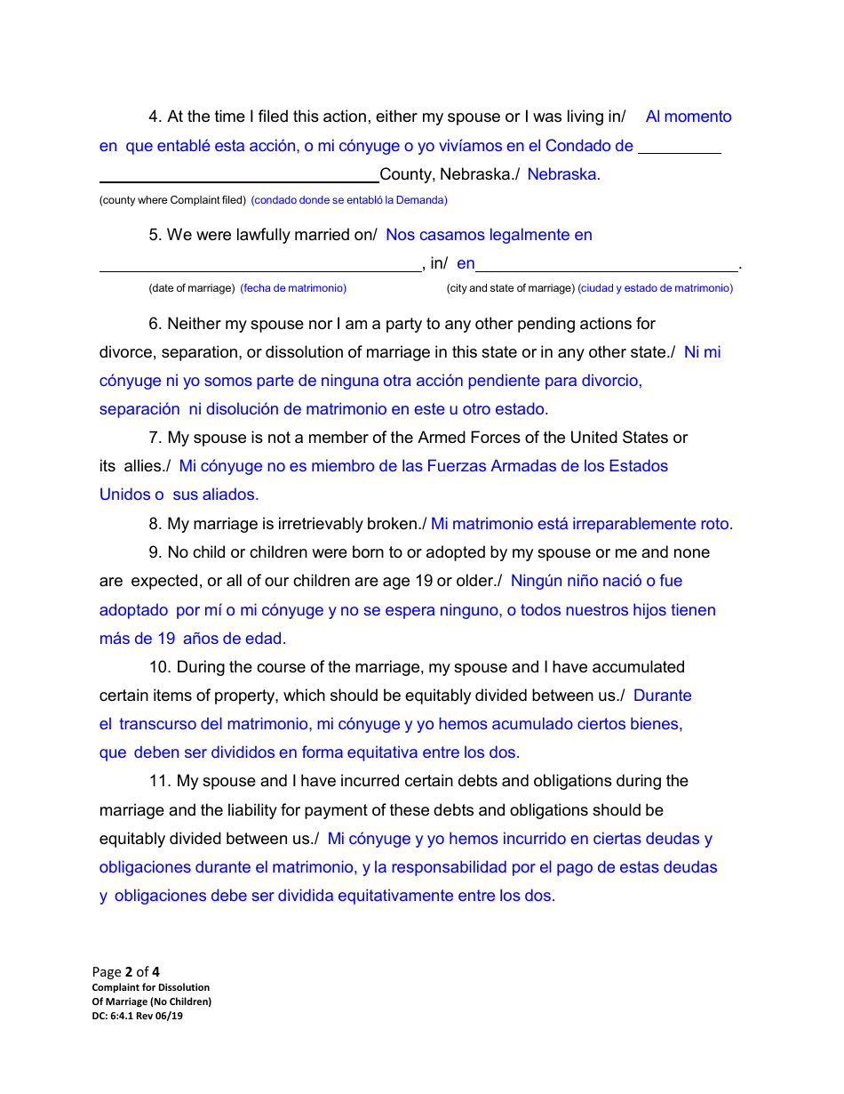Form DC6:4.1 Complaint for Dissolution of Marriage (No Children) - Nebraska (English / Spanish), Page 2