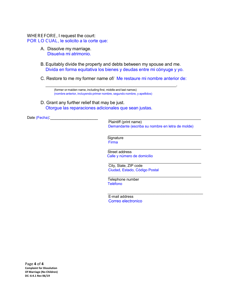 Form DC6:4.1 Complaint for Dissolution of Marriage (No Children) - Nebraska (English / Spanish), Page 4