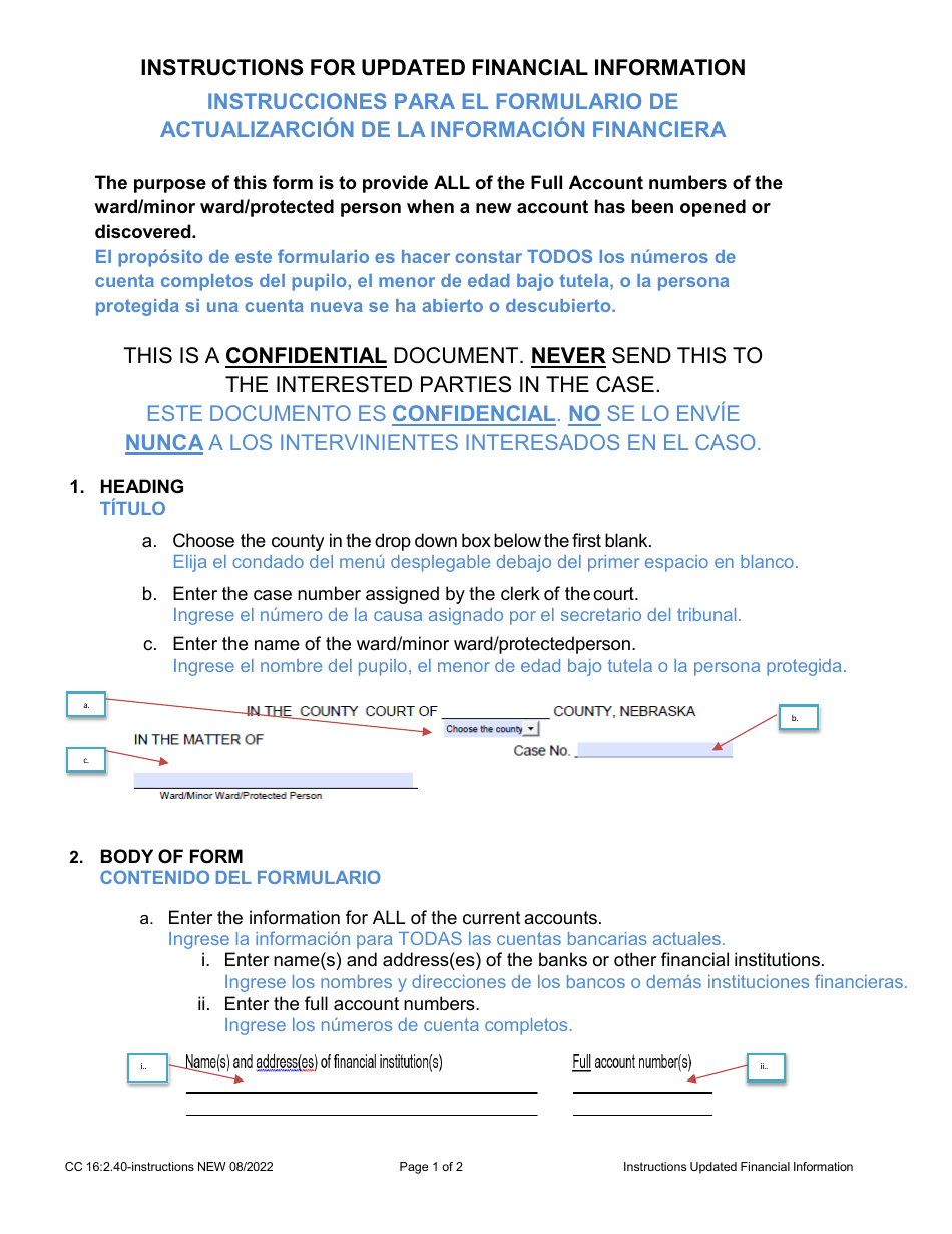 Instructions for Form CC16:2.40 Updated Financial Information - Nebraska (English / Spanish), Page 1