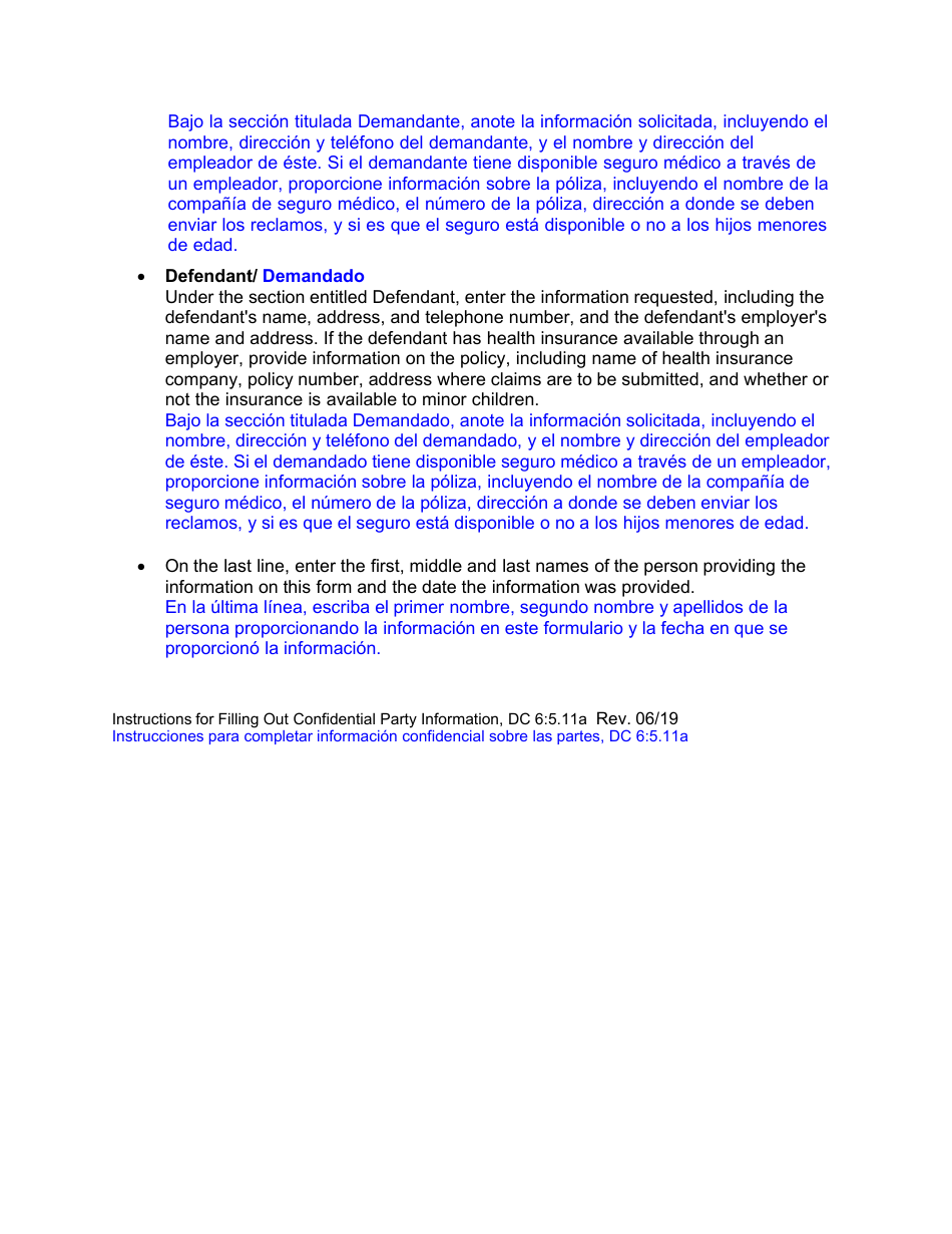 Instructions for Form DC6:5.11 Confidential Party Information - Nebraska (English / Spanish), Page 2