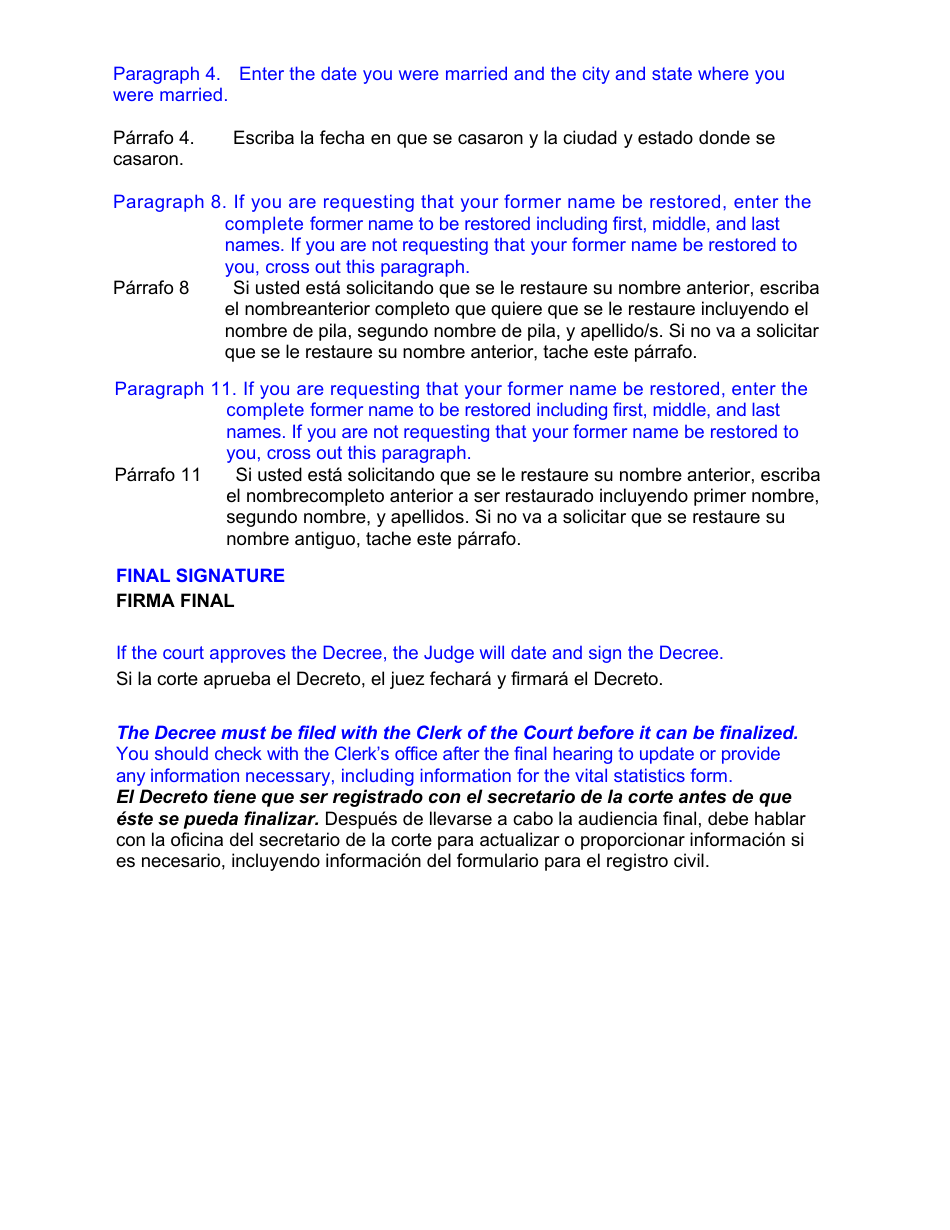 Instructions for Form DC6:4.6 Decree of Dissolution (No Children) - Nebraska (English / Spanish), Page 2