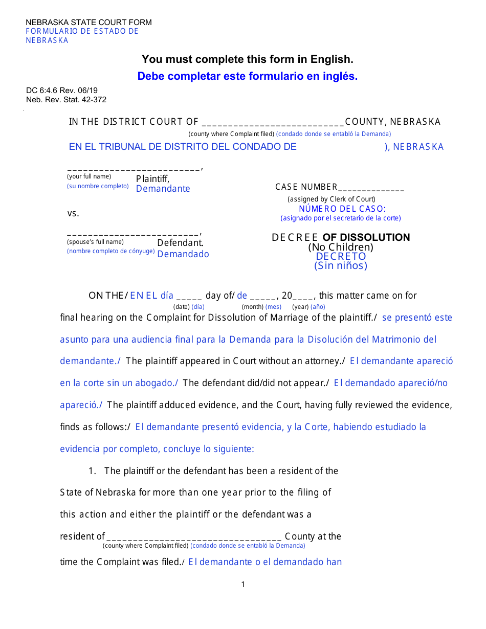 Form DC6:4.6 Decree of Dissolution (No Children) - Nebraska, Page 1