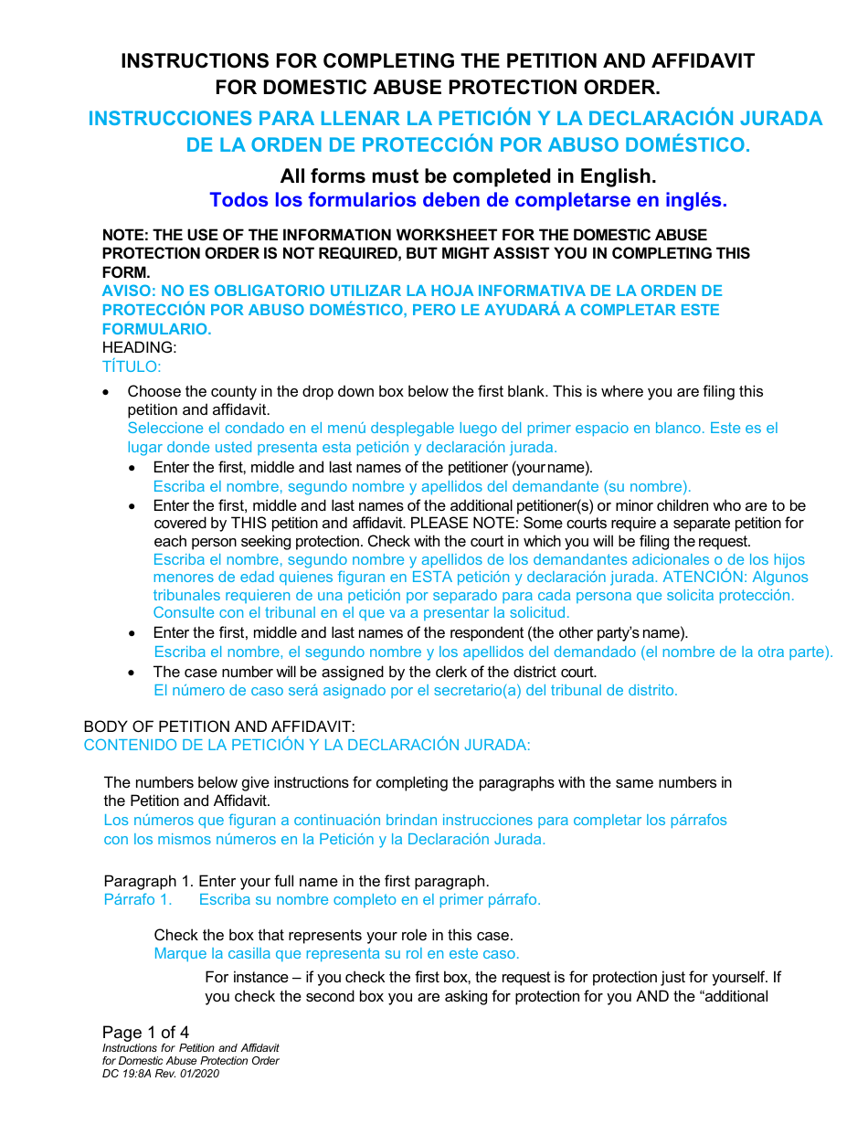 Instructions for Form DC19:8 Petition and Affidavit to Obtain Domestic Abuse Protection Order - Nebraska (English / Spanish), Page 1