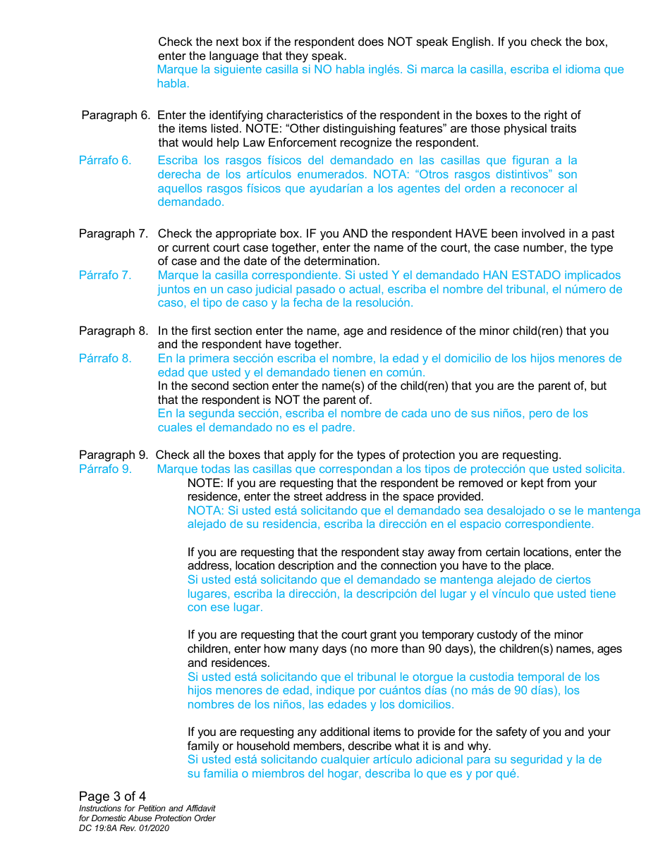 Instructions for Form DC19:8 Petition and Affidavit to Obtain Domestic Abuse Protection Order - Nebraska (English / Spanish), Page 3