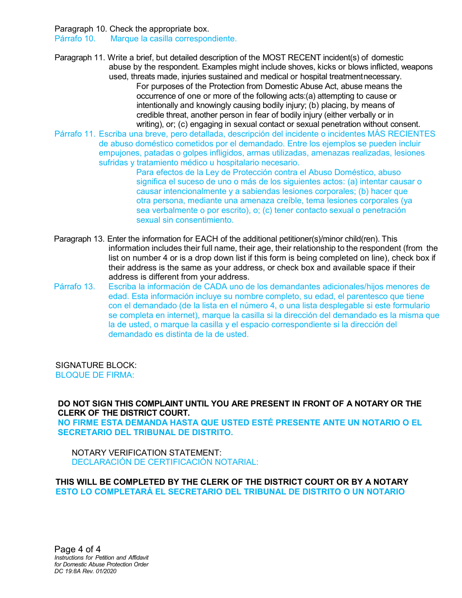 Instructions for Form DC19:8 Petition and Affidavit to Obtain Domestic Abuse Protection Order - Nebraska (English / Spanish), Page 4