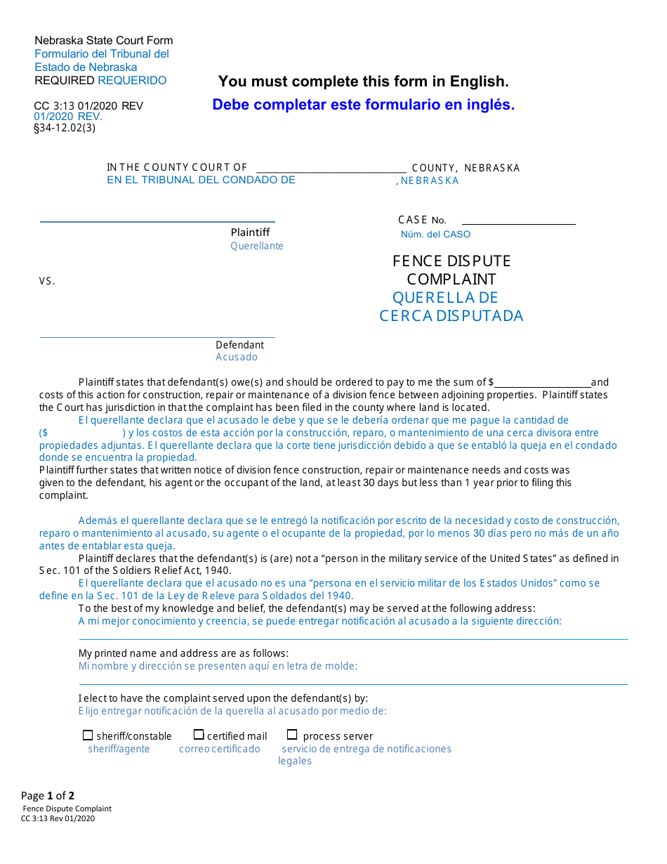 Form CC3:13 Fence Dispute Complaint - Nebraska (English / Spanish), Page 1