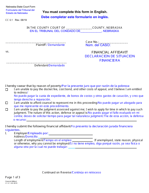 Form CC6:1 Financial Affidavit - Nebraska (English/Spanish)