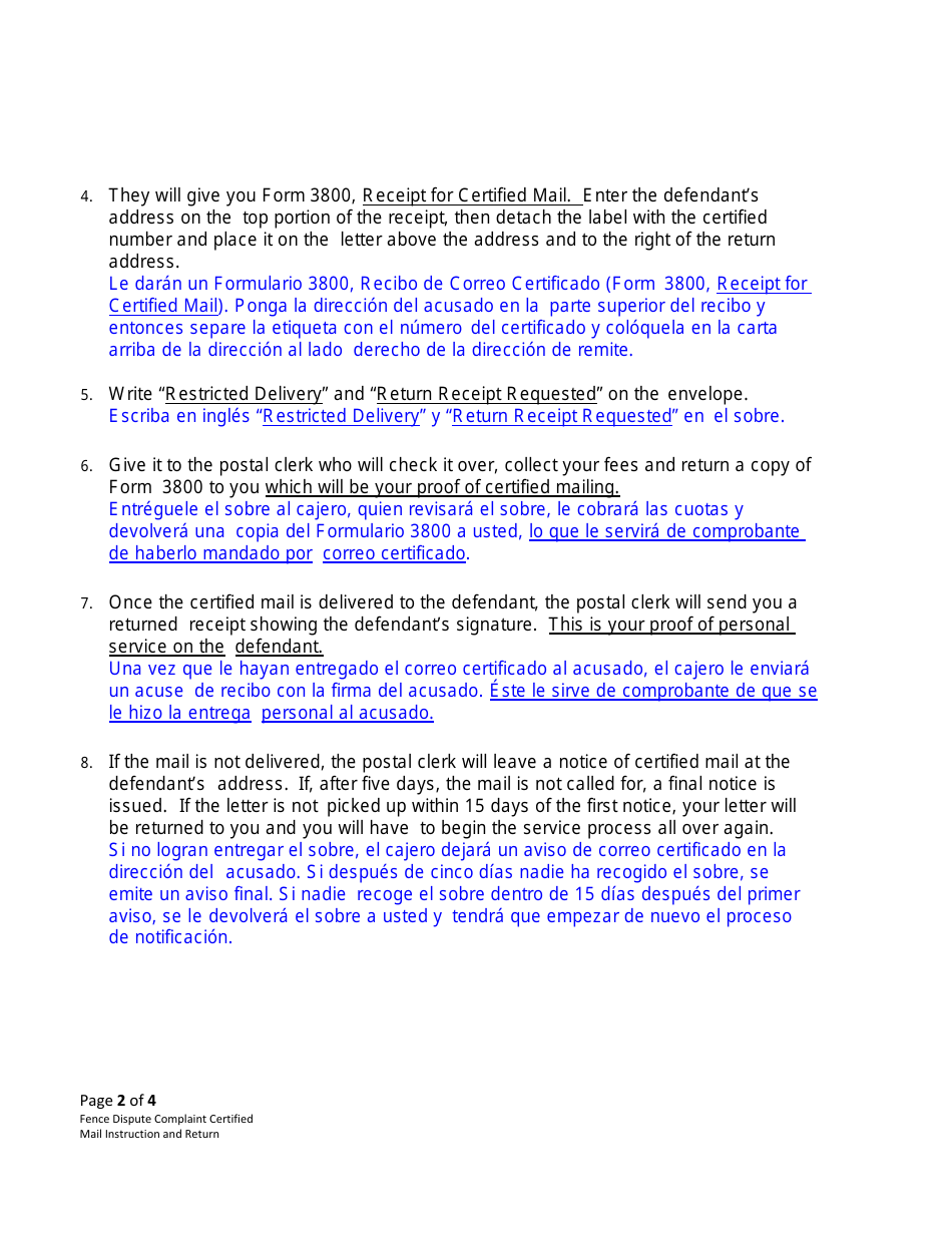 Form CC3:14 Fence Dispute Complaint Certified Mail Instruction and Return - Nebraska (English / Spanish), Page 2