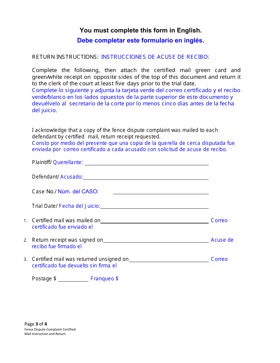 Form CC3:14 Fence Dispute Complaint Certified Mail Instruction and Return - Nebraska (English / Spanish), Page 3