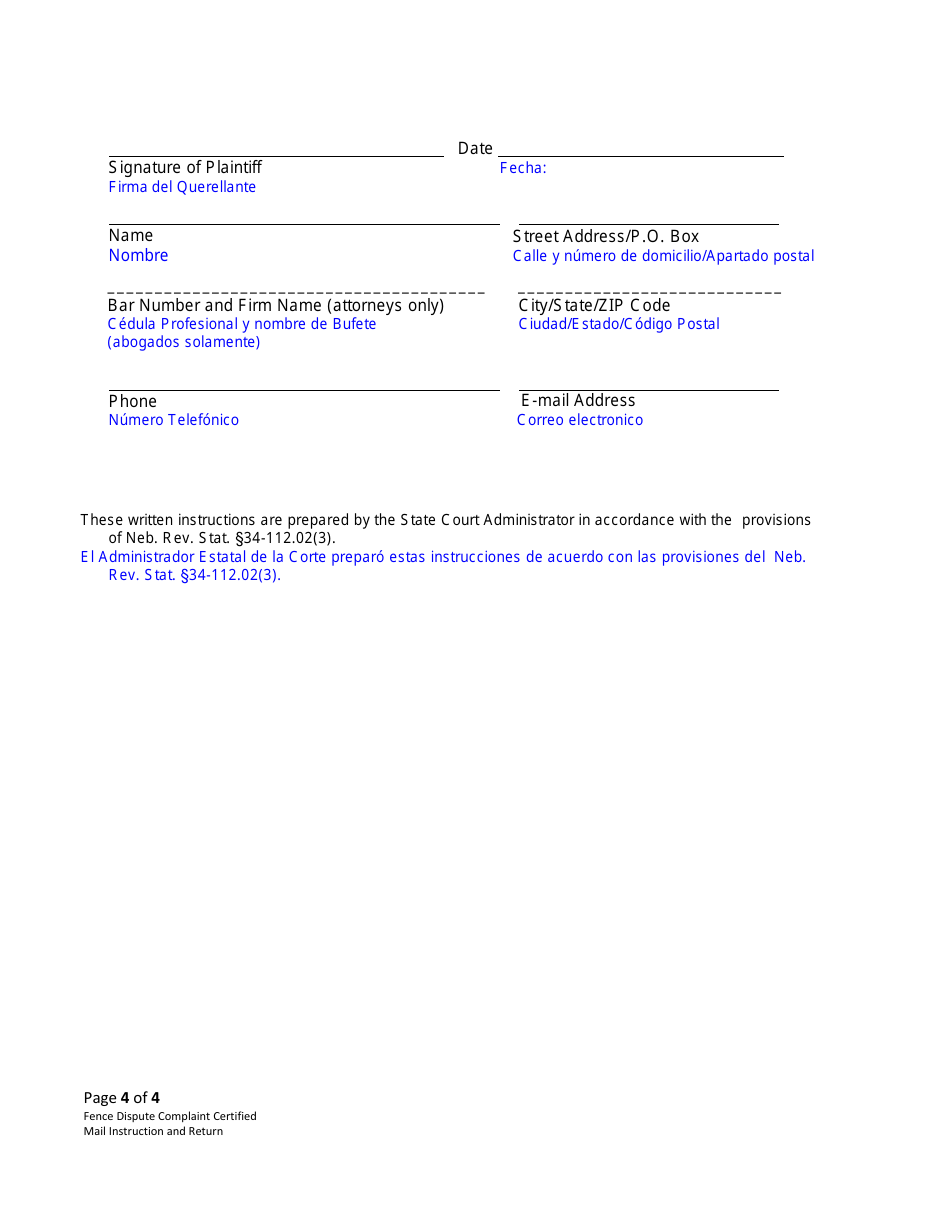 Form CC3:14 Fence Dispute Complaint Certified Mail Instruction and Return - Nebraska (English / Spanish), Page 4