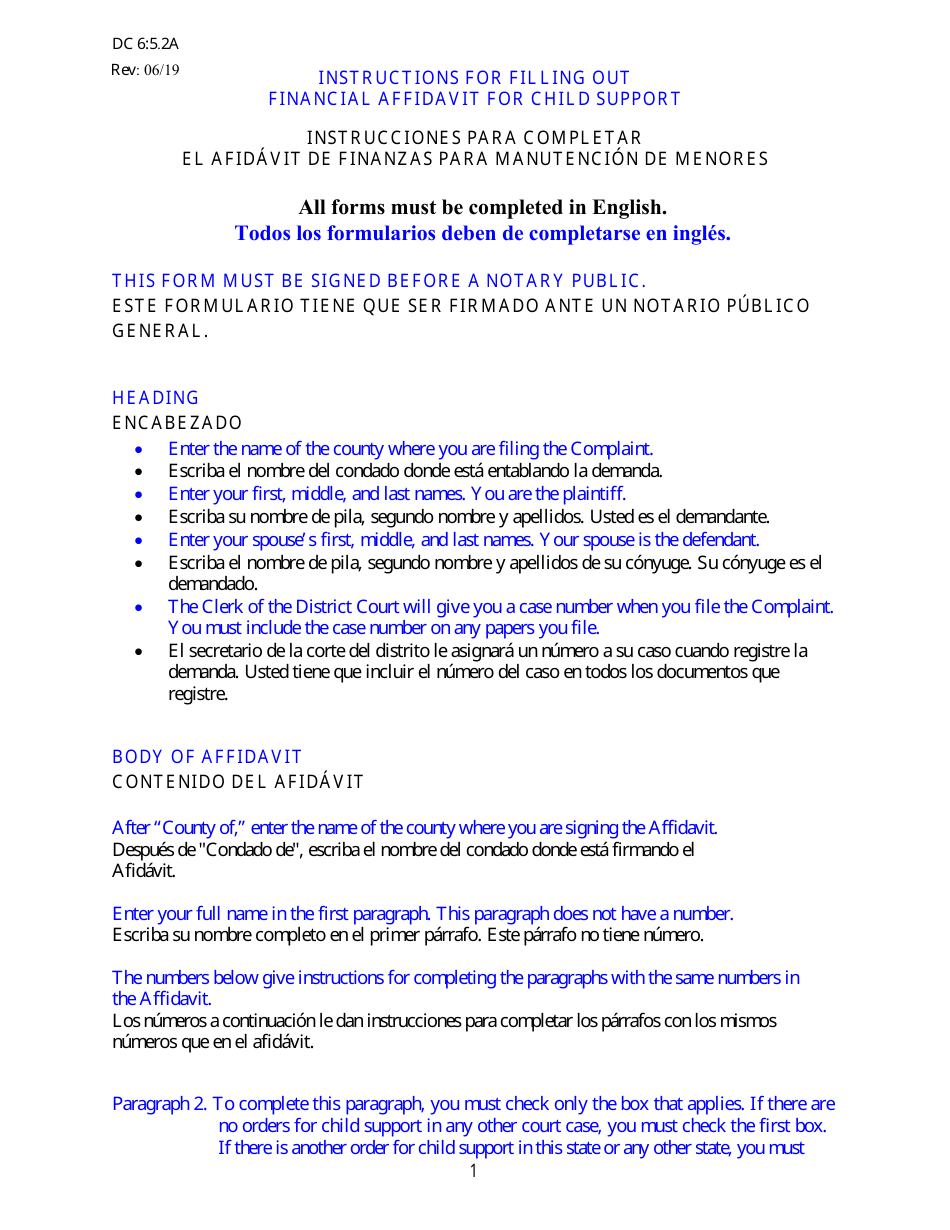 Instructions for Form DC6:5.2 Financial Affidavit for Child Support - Nebraska (English / Spanish), Page 1