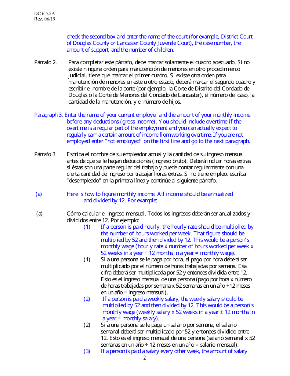 Instructions for Form DC6:5.2 Financial Affidavit for Child Support - Nebraska (English / Spanish), Page 2