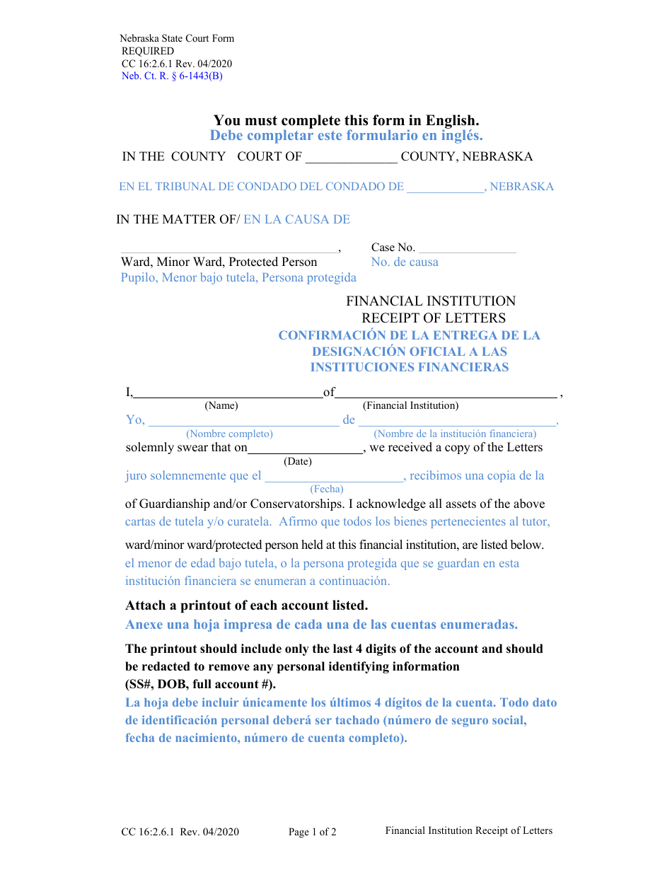 Form CC16:2.6.1 Financial Institution Receipt of Letters - Nebraska (English / Spanish), Page 1