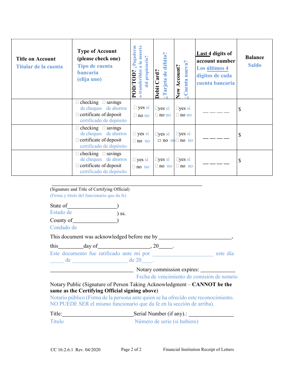 Form CC16:2.6.1 Financial Institution Receipt of Letters - Nebraska (English / Spanish), Page 2