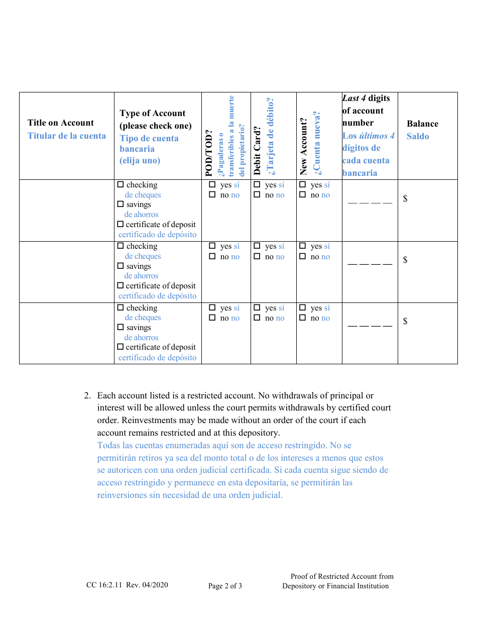 Form CC16:2.11 Proof of Restricted Account From Depository or Financial Institution - Nebraska (English / Spanish), Page 2