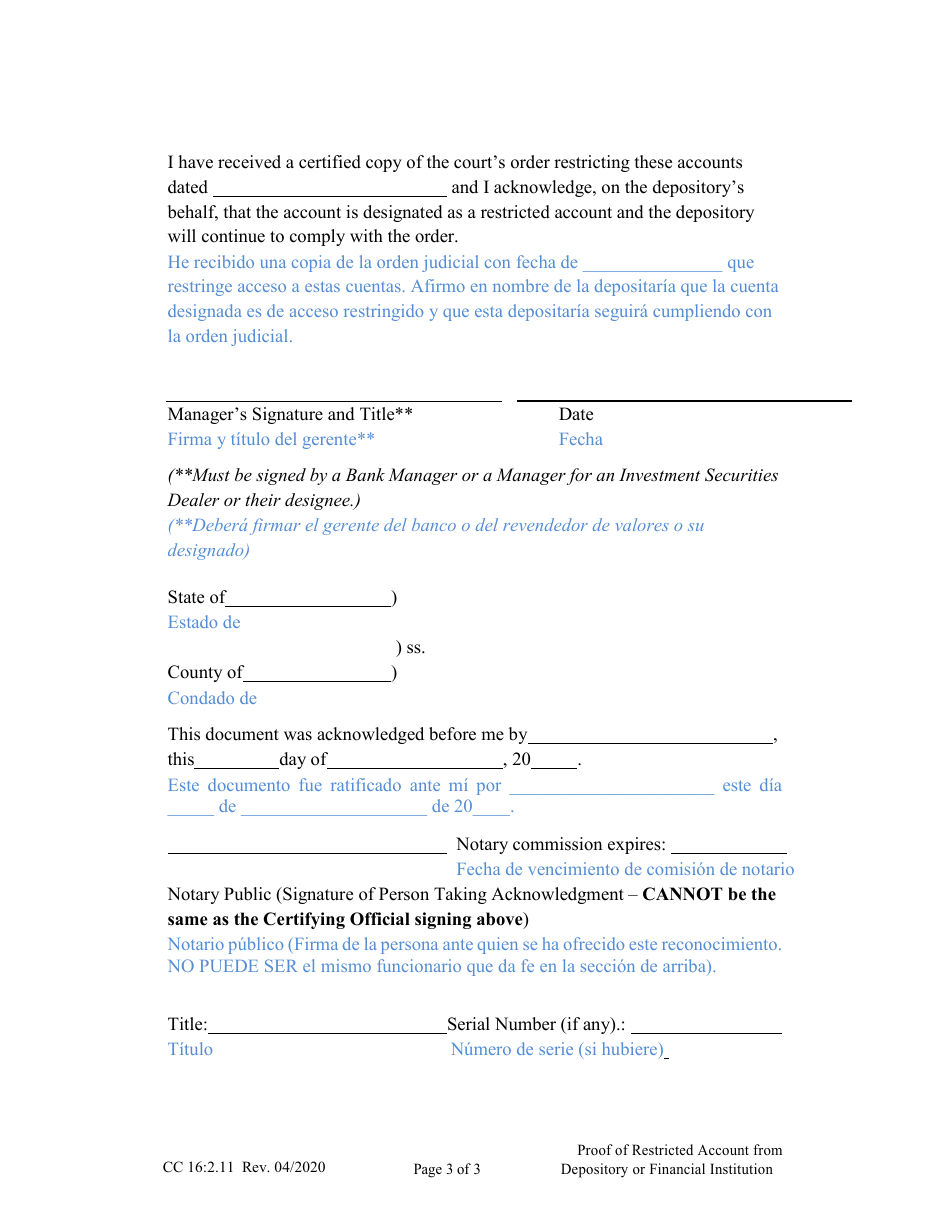 Form CC16:2.11 Proof of Restricted Account From Depository or Financial Institution - Nebraska (English / Spanish), Page 3
