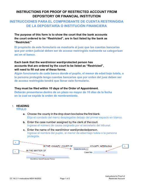 Instructions for Form CC16:2.11 Proof of Restricted Account From Depository or Financial Institution - Nebraska