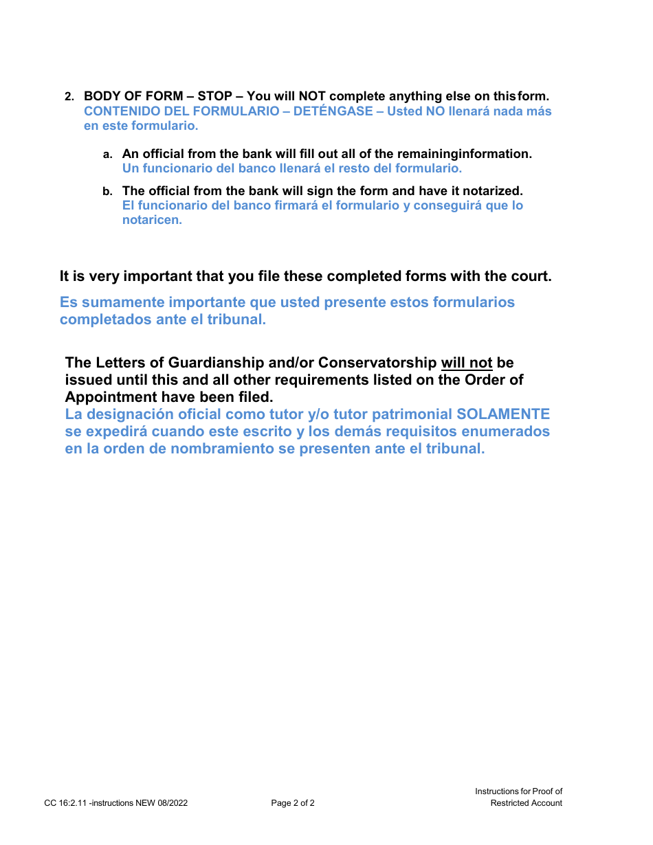 Instructions for Form CC16:2.11 Proof of Restricted Account From Depository or Financial Institution - Nebraska, Page 2