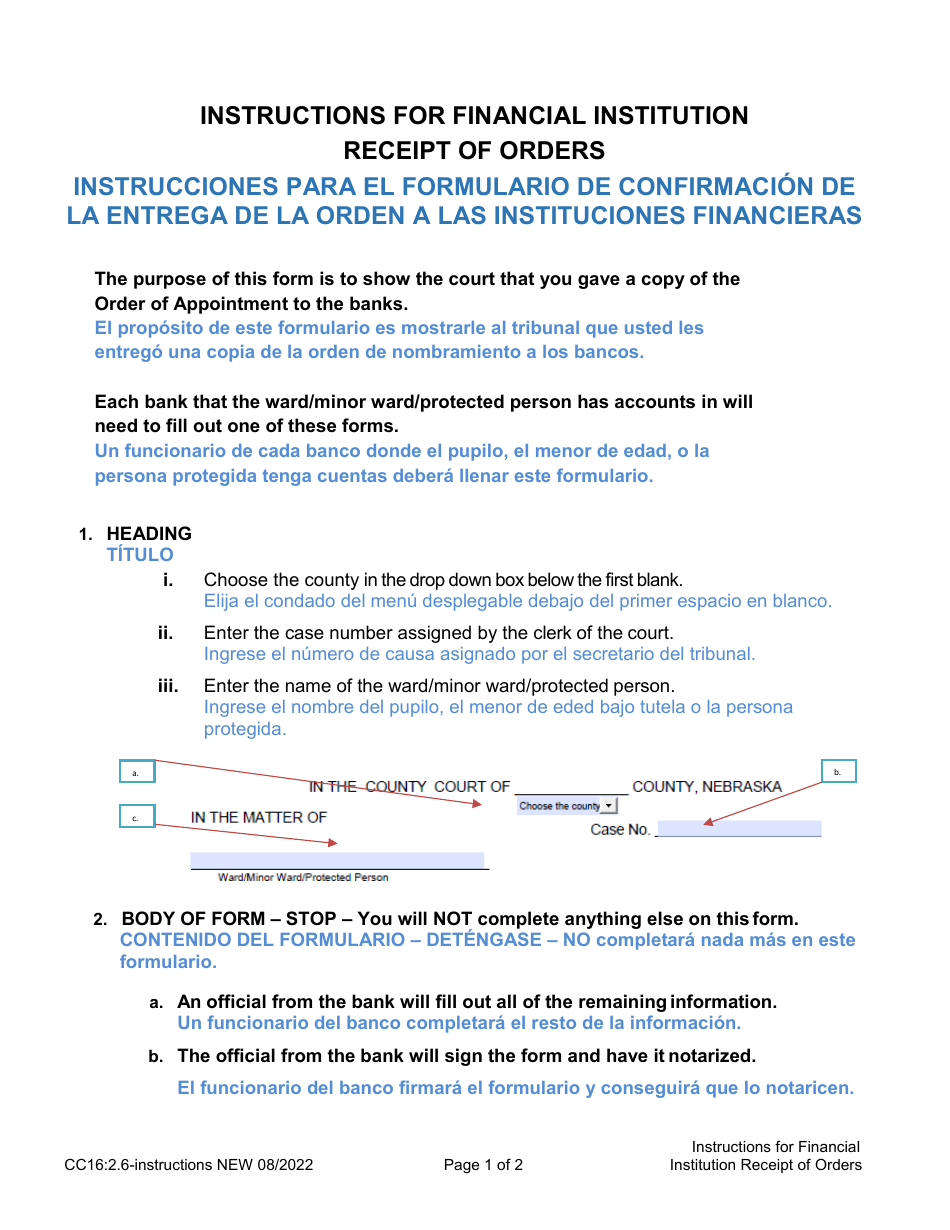 Instructions for Form CC16:2.6 Financial Institution Receipt of Orders - Nebraska (English / Spanish), Page 1