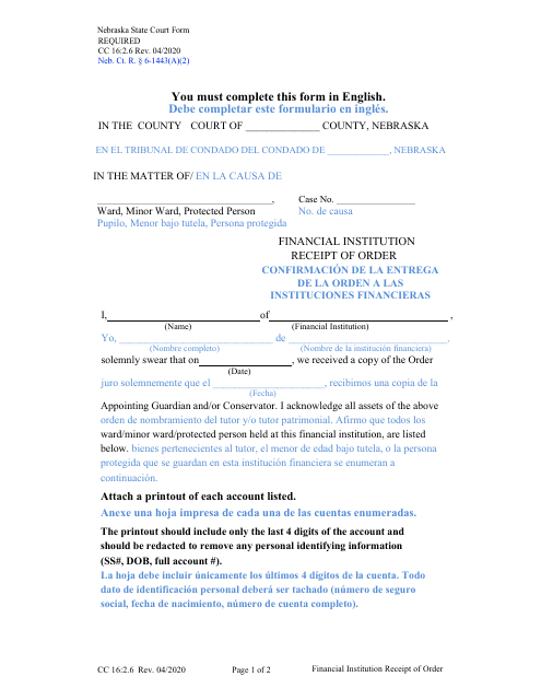 Form CC16:2.6 Financial Institution Receipt of Order - Nebraska (English/Spanish)