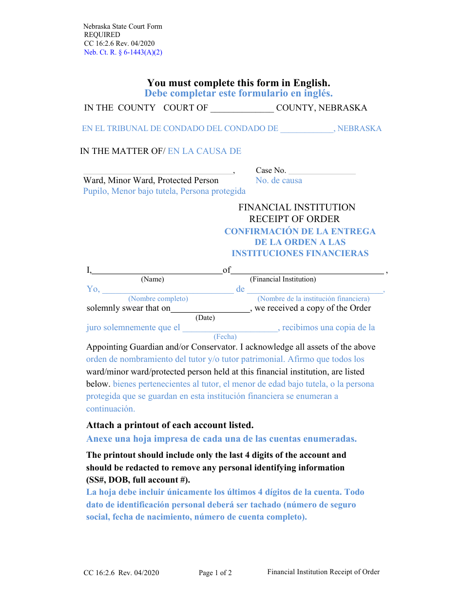 Form CC16:2.6 Financial Institution Receipt of Order - Nebraska (English / Spanish), Page 1