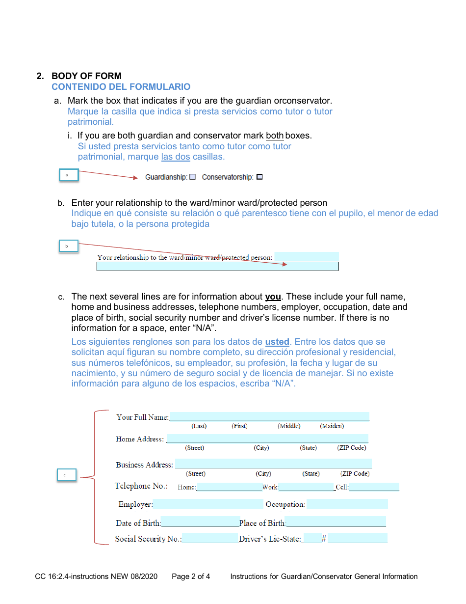 Instructions for Form CC16:2.4 General Information for Guardian / Conservator - Nebraska (English / Spanish), Page 2