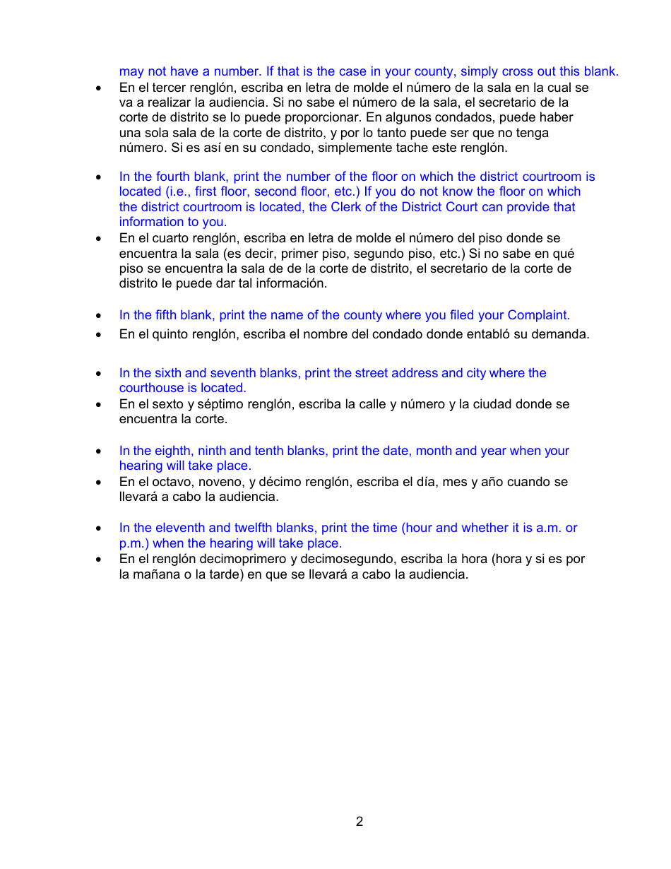 Instructions for Form DC6:4.5 Notice of Hearing and Certificate of Service - Nebraska (English / Spanish), Page 2