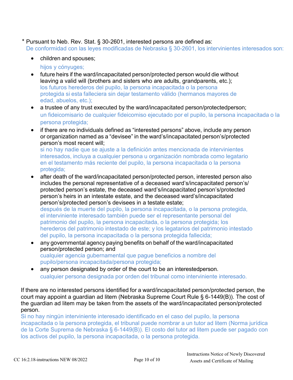 Instructions for Form CC16:2.18 Notice of Newly Discovered Assets - Nebraska (English / Spanish), Page 10